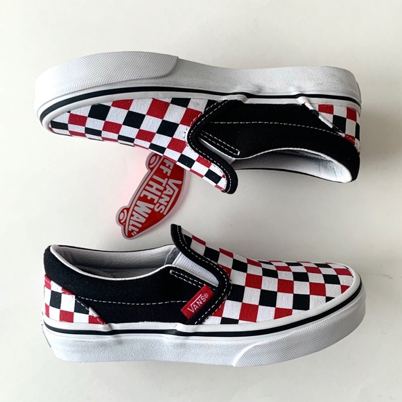 vans red and black checkerboard slip ons